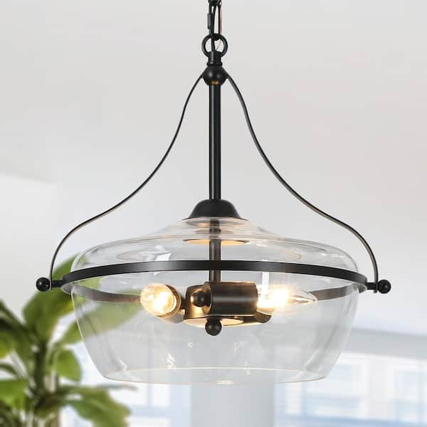 14 in. 3-Light Industrial Black Chandelier Light, Modern Pendant Lights for Kitchen Island, Clear Glass Ceiling Light