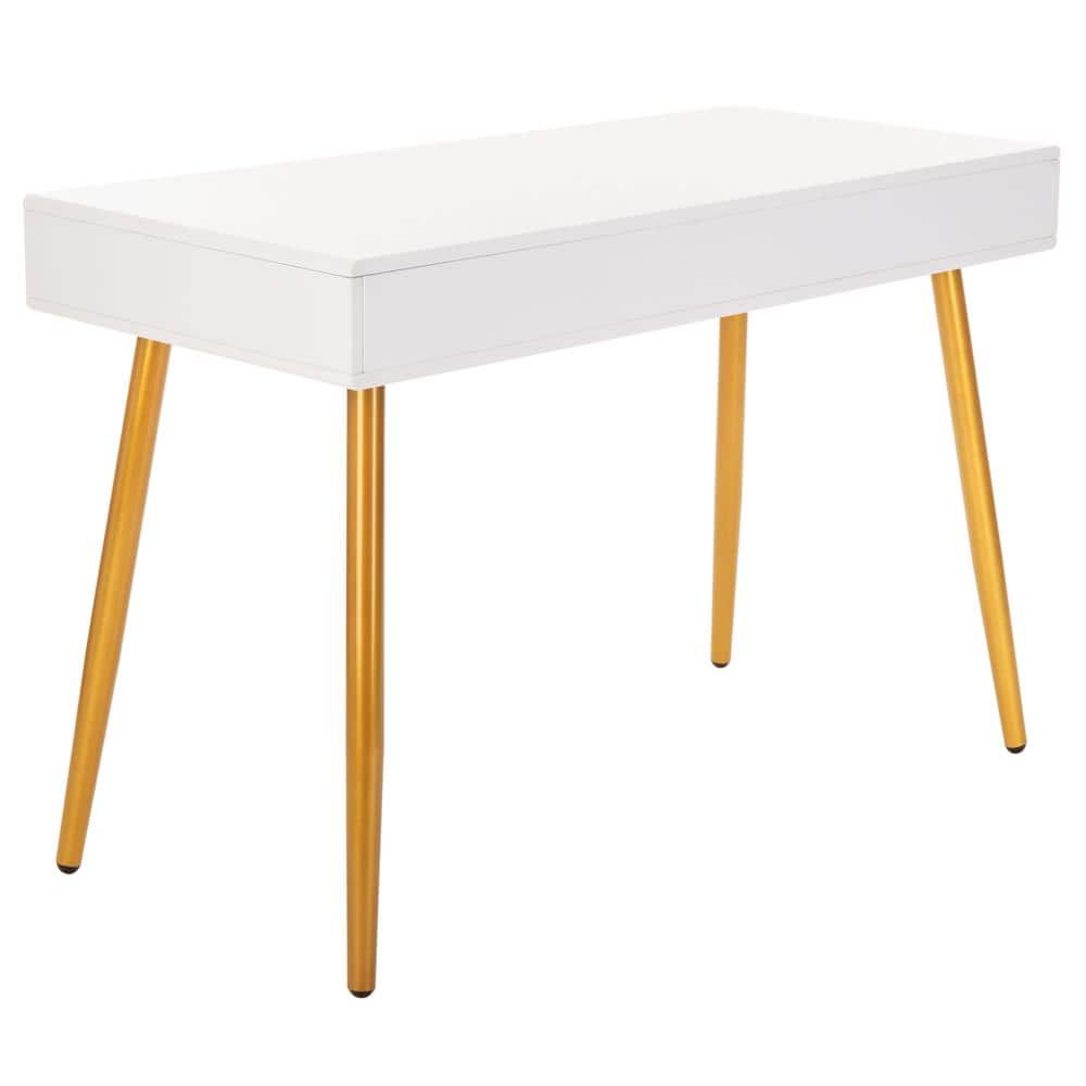 White and Gold Wood Writing Table with Drawer