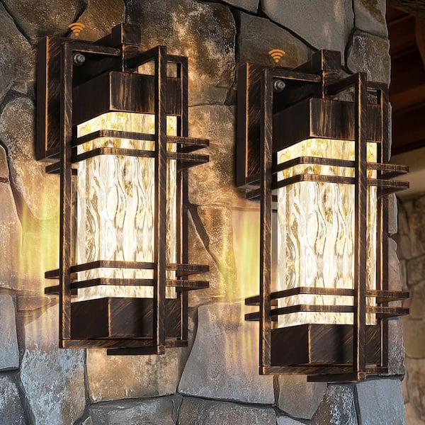 15'' Dusk to Dawn Sensor Wall Light, 2-Pack Waterproof Outdoor Sconce, Gold-Swept Black Lantern (Bulb Included)