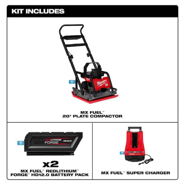 MX FUEL Lithium-Ion 20 in. Plate Compactor Kit with (2) FORGE HD12.0 Batteries and (1) MX FUEL Super Charger