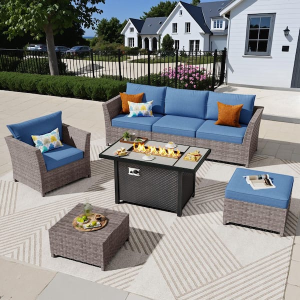 XIZZI Jasmine 7-Piece Wicker Outerdoor Patio Rectangular Fire Pit Set with Denim Blue Cushions
