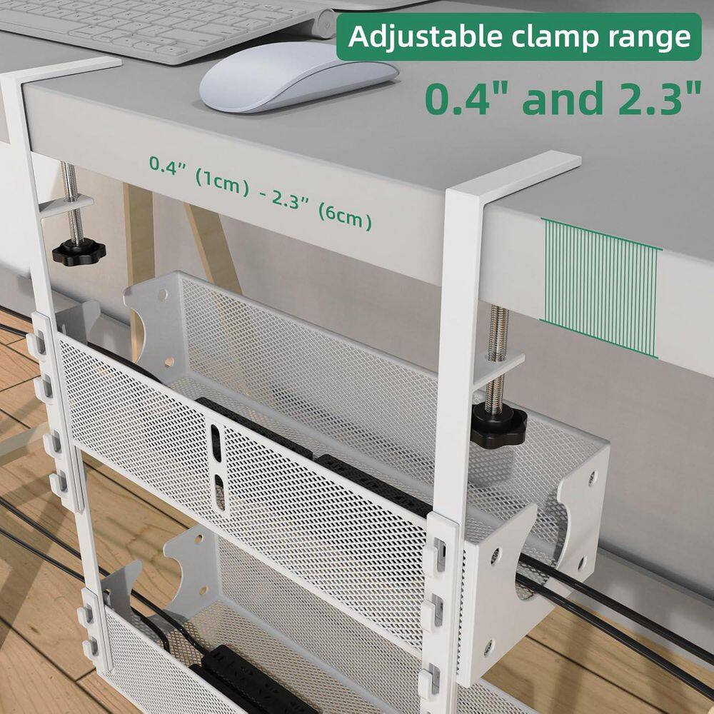 Under Desk Cable Management Tray Clamp Mount No Damage Installation White 2 Pack - Thumbnail 4