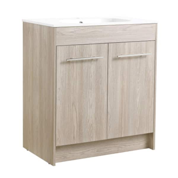 Sanlan GLEM06 30 in. W x 18.1 in. D x 33.8 in. H Single Sink Freestanding Bath Vanity in White Oak with White Solid Surface Top