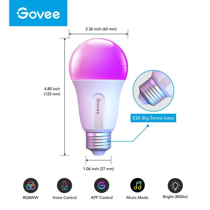 Govee 800LM Multi-Color Frosted Smart LED Bulbs 4-Pack