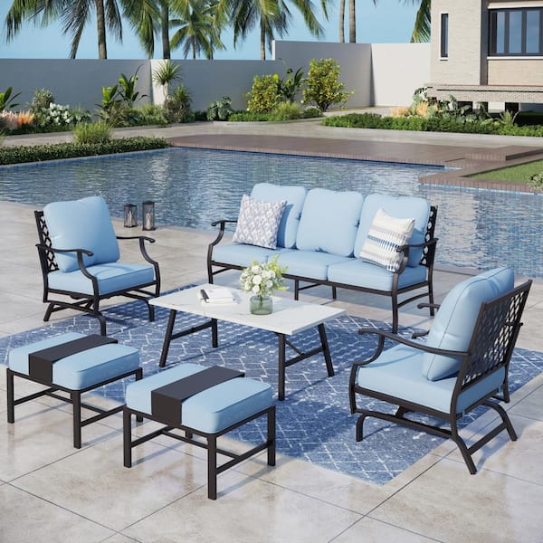 PHI VILLA Black Meshed 7-Seat 6-Piece Metal Outdoor Patio Conversation Set with Blue Cushions and Table with Marble Pattern Top