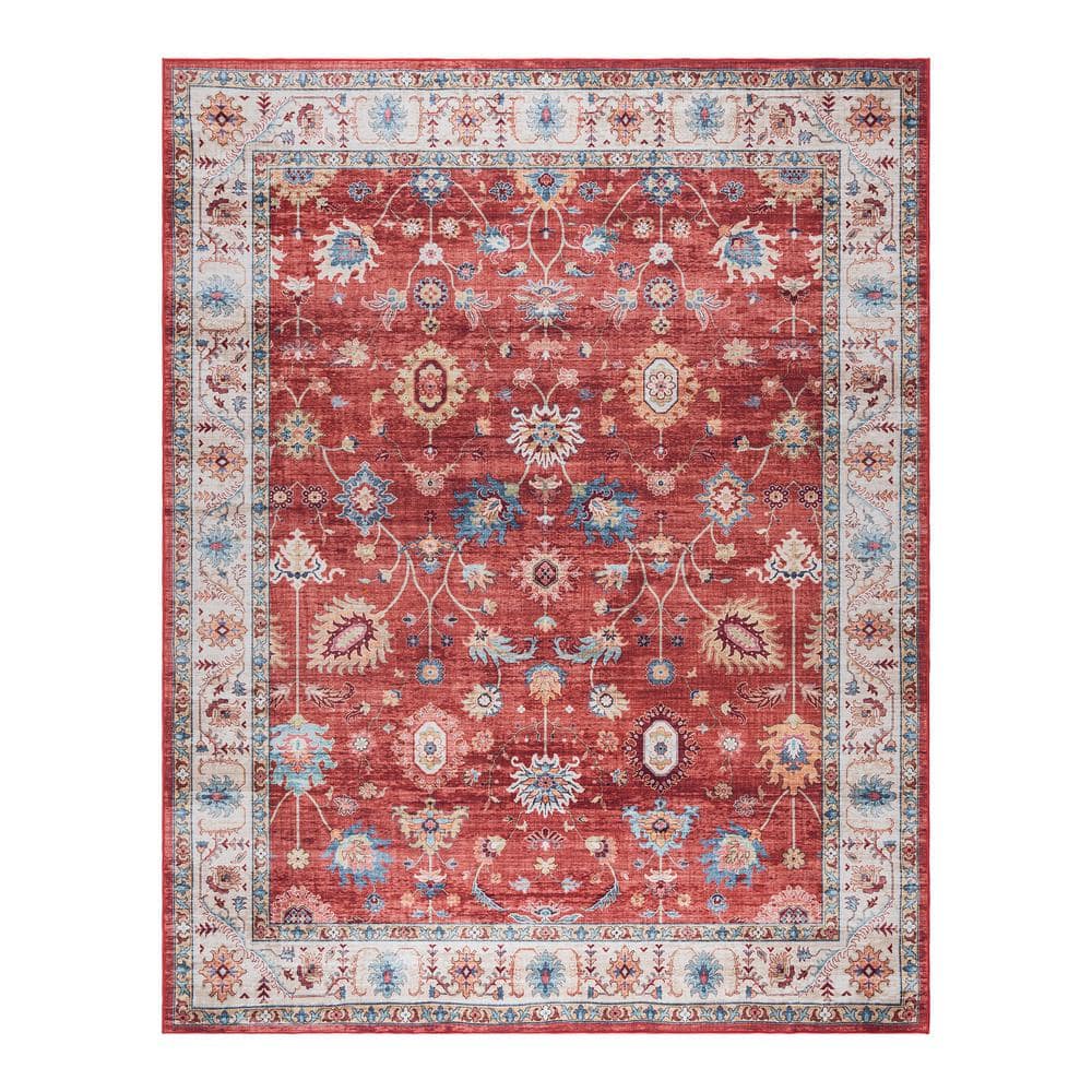 Crystal Print Red and Cream Floral Washable Area Rug