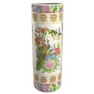 Oriental Furniture 24 in. White Satsuma Birds and Flowers Porcelain Umbrella Stand