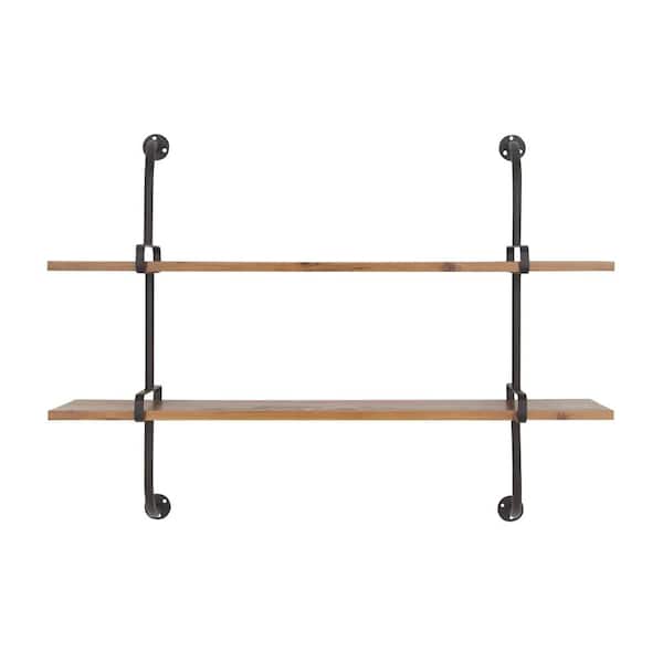 Litton Lane 37 in. x 29 in. Brown 2 Level Wood Wall Shelf with Black Metal Frame