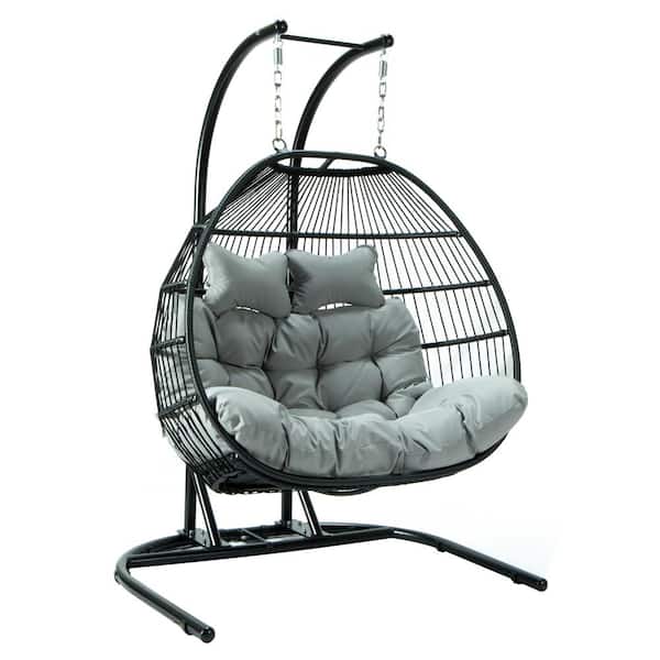 Wicker 2-Person Double Folding Hanging Egg Swing Chair Swing with Grey Cushions ESCF52LGR - The Home