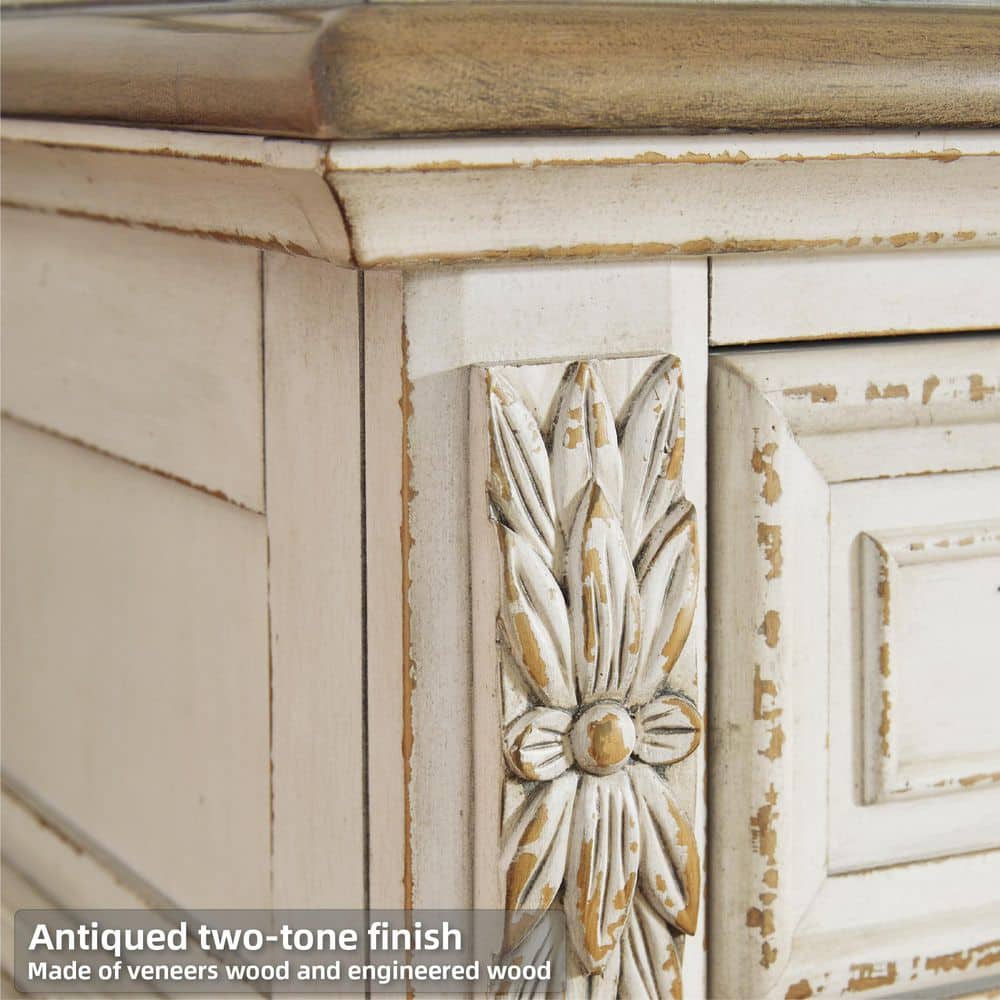 Chipped White & Distressed Wood 3-Drawer Nightstand with USB Ports