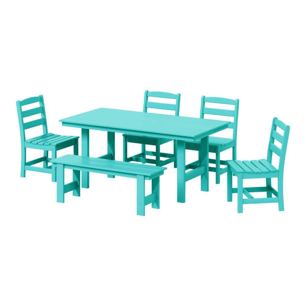 Shoreside 6-Piece All Weather HDPE Plastic Outdoor Patio Dining Set w/ Side Chairs and Bench, Turquoise price history on PriceWatchPro