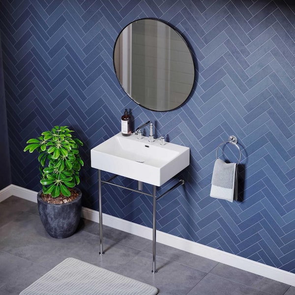 Swiss Madison 24 in. W Claire Ceramic White Console Sink With Chrome Legs and 8 in. Widespread Faucet Holes
