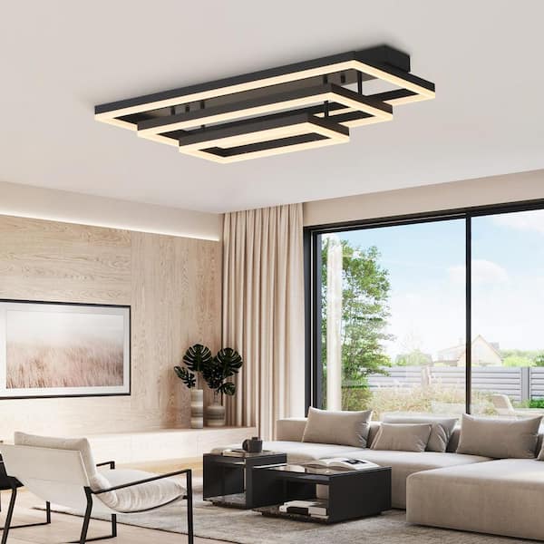UMEILUCE 32 in. 3-Light Rectangle Black Dimmable LED Semi