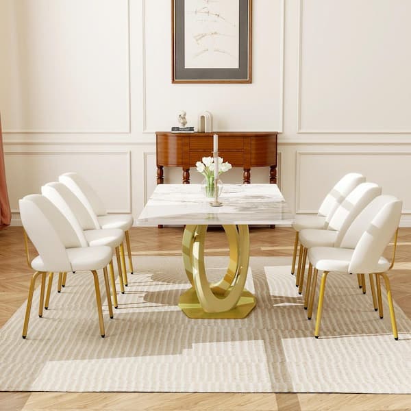 White PU Leather Dining Chairs with Gold Stainless Steel Legs (Set of 6)