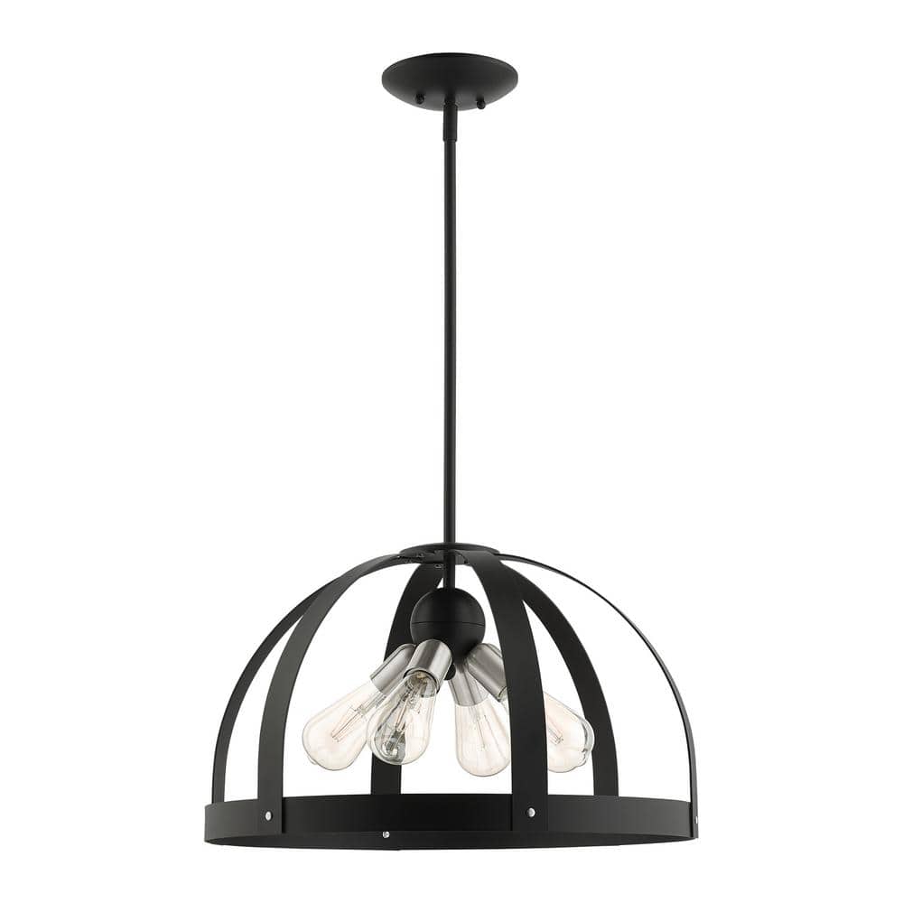 Textured Black Glass and Metal 4-Light Pendant Chandelier