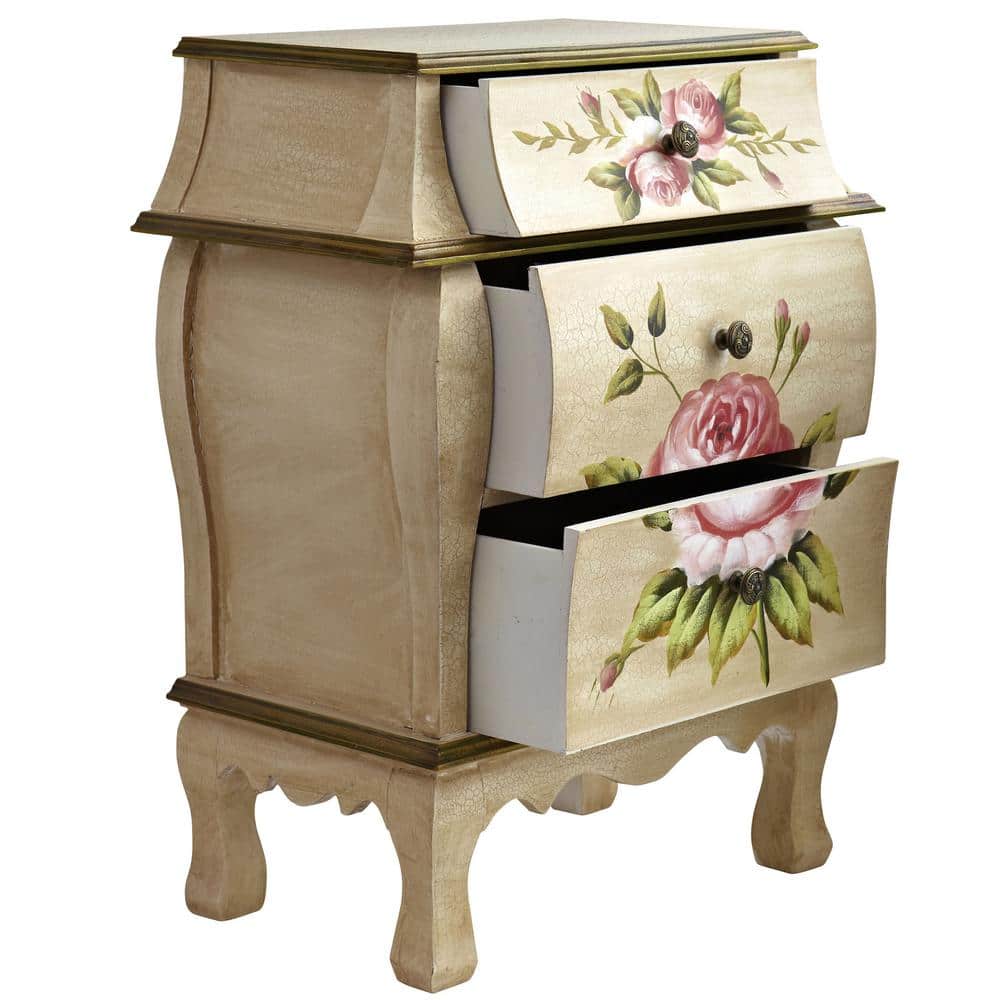 Antique White Floral Pattern 3-Drawer Nightstand
