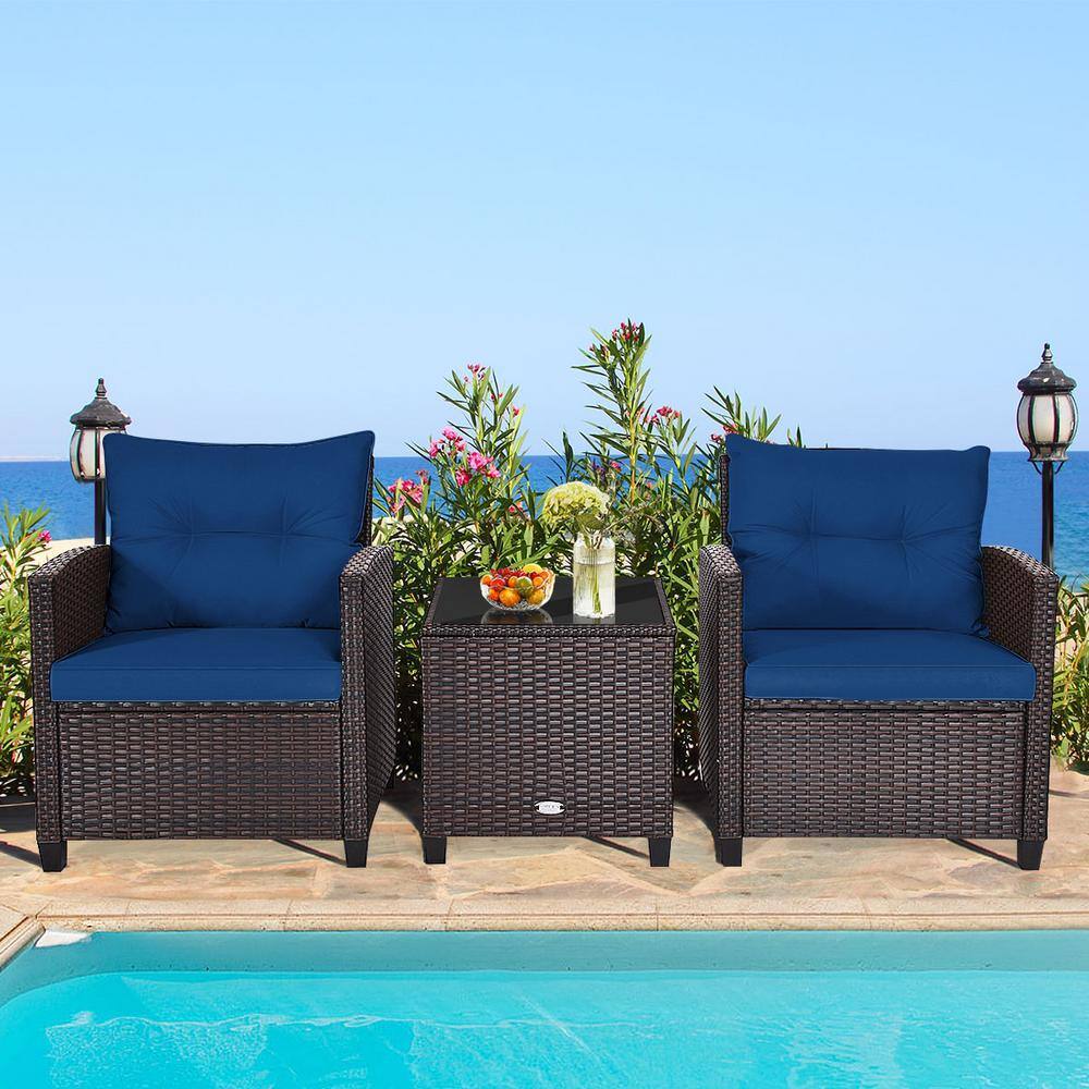 3-Piece Navy Cushioned Brown Steel Rattan Patio Set