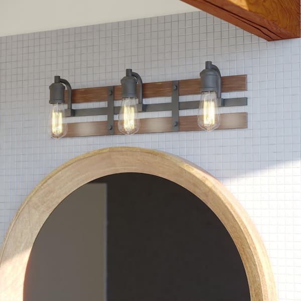 Carrington23. 75 in. W 3 Light Black and Solid Wood Walnut Finish Slat Farmhouse Bathroom Vanity Light Fixture