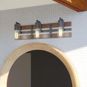 Carrington23. 75 in. W 3-Light Black and Solid Wood Walnut Finish Slat Farmhouse Bathroom Vanity -Light Fixture