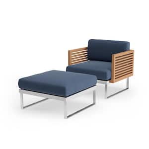 Monterey 2 Piece Stainless Steel Teak Outdoor Patio Chat Chair and Ottoman Set with Spectrum Indigo Cushions