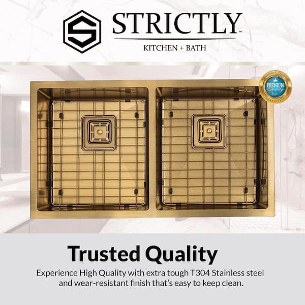 S STRICTLY KITCHEN + BATH R5050S-Gold 16 Gauge Stainless Steel 32 3/8" Double Bowl Undermount Kitchen Sink with Square Drains