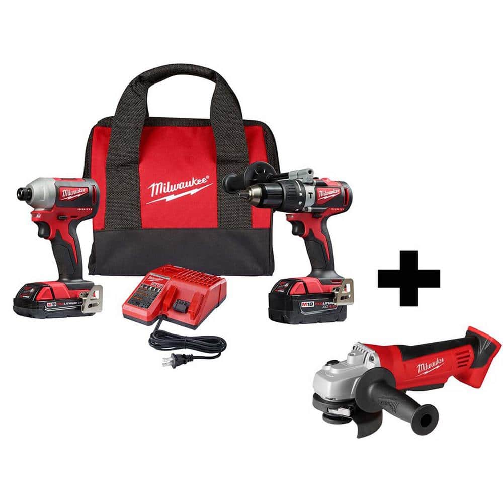 Milwaukee M18 18V Lithium-Ion Brushless Cordless Hammer Drill and Impact Combo Kit (2-Tool) W/ 4-1/2 in. Cut-Off/Grinder -  2893-22CX-2680