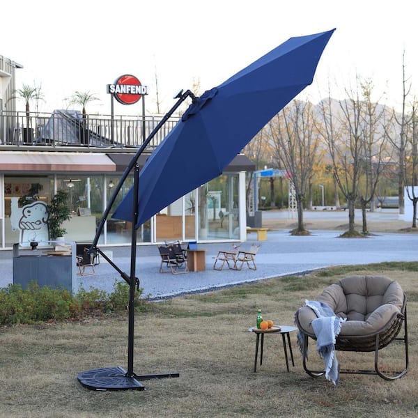 Unbranded 10 ft. Steel Cantilever Offset Outdoor Patio Umbrella with Solar LED Lights in Navy Blue, Cross Base P140292-AB Unbranded 10 ft. Steel Cantilever Offset Outdoor Patio Umbrella with Solar LED Lights in Navy Blue, Cross Base P140292-AB