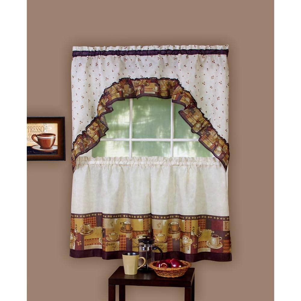 Ivory and Brown Coffee Print Tier Curtain Set