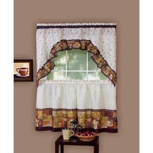 Coffee Multi-Color Polyester Light Filtering Rod Pocket Tier and Swag Curtain Set 57 in. W x 24 in. L