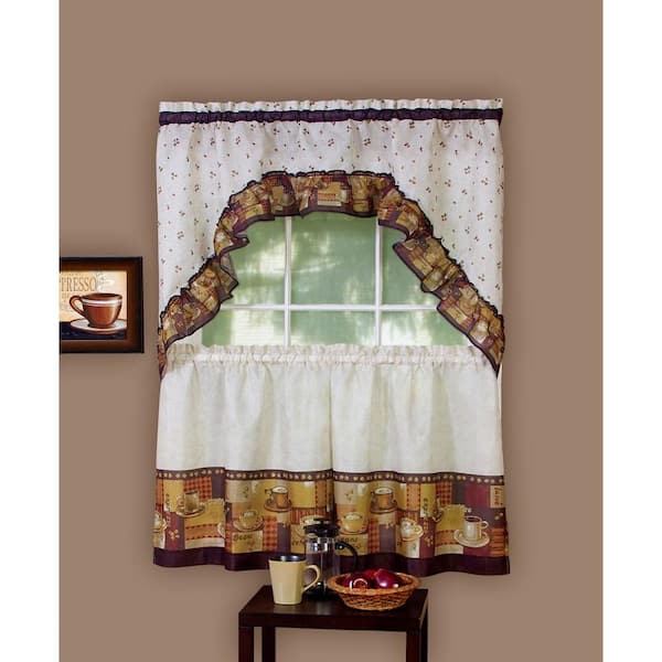 ACHIM Coffee Multi-Color Polyester Light Filtering Rod Pocket Tier and Swag Curtain Set 57 in. W x 24 in. L