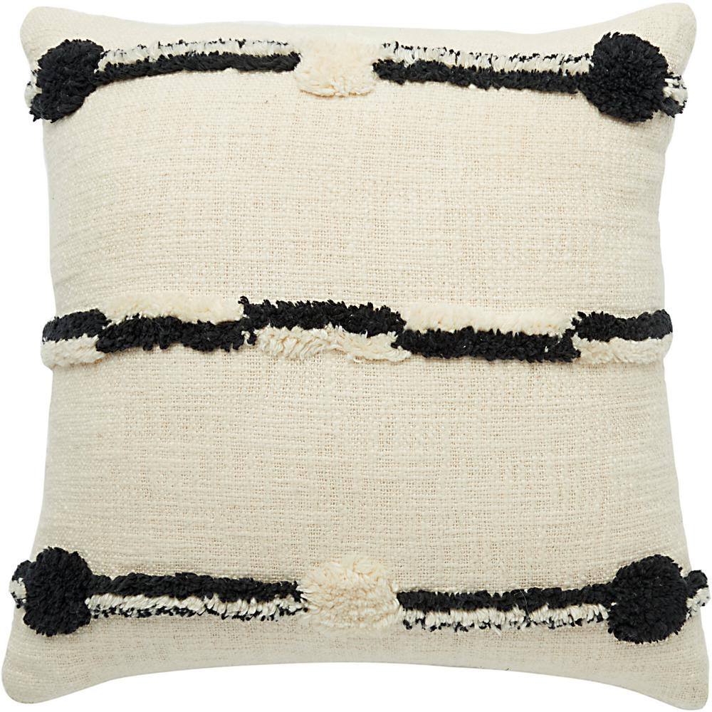 Black and Ivory Textured Pom Pom Kids Throw Pillow 18" x 18"