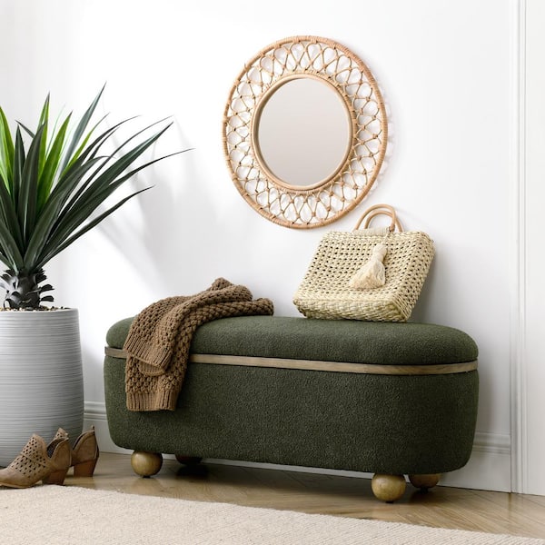 Noble House Veridion Dark Green Modern Upholstered Linen Storage Ottoman