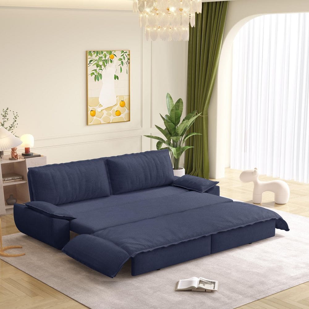 3-in-1 Convertible 73.2 in. Blue Soft Corduroy Queen Size Sofa Bed with 2 Soft Pillows
