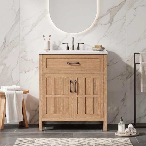 LuckByte 30 in.Natural Wood Rectangle Vessel Sink Bathroom Vanity