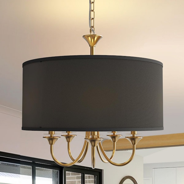 Sleek Modern 5-Light Gold Chandelier with Black Drum Shades E12 for Dining Rooms and Living Rooms
