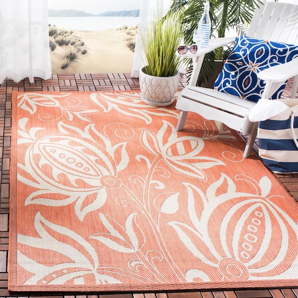 Courtyard Terracotta/Natural 8 ft. x 8 ft. Square Border Indoor/Outdoor Patio  Area Rug