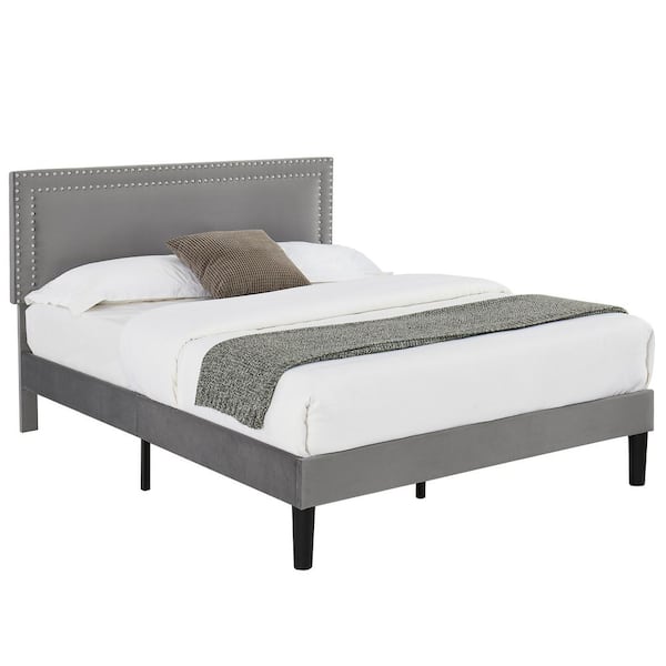 Upholstered Bed with Adjustable Headboard, No Box Spring Needed Platform Bed Frame, Bed Frame Gray Queen Bed