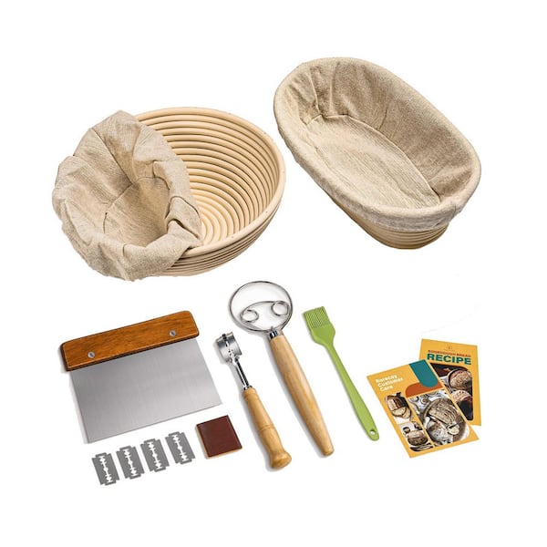 Natural Rattan Cane Bread Proofing Basket Set, 9 in. Round and 10 in. Oval with Linen Liner, Dough Whisk, Bread Lame