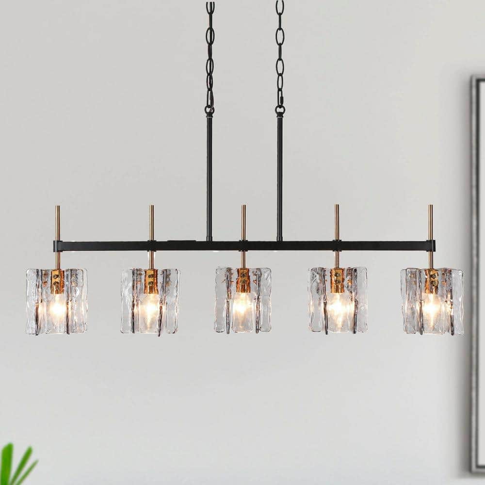 Kasy 5-Light Black and Brass Linear Chandelier with Smoke-Gray Glass