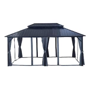 12 ft. x 18 ft. Outdoor Black Aluminum Hardtop Gazebo with Steel Double Roof with Nettings and Curtains