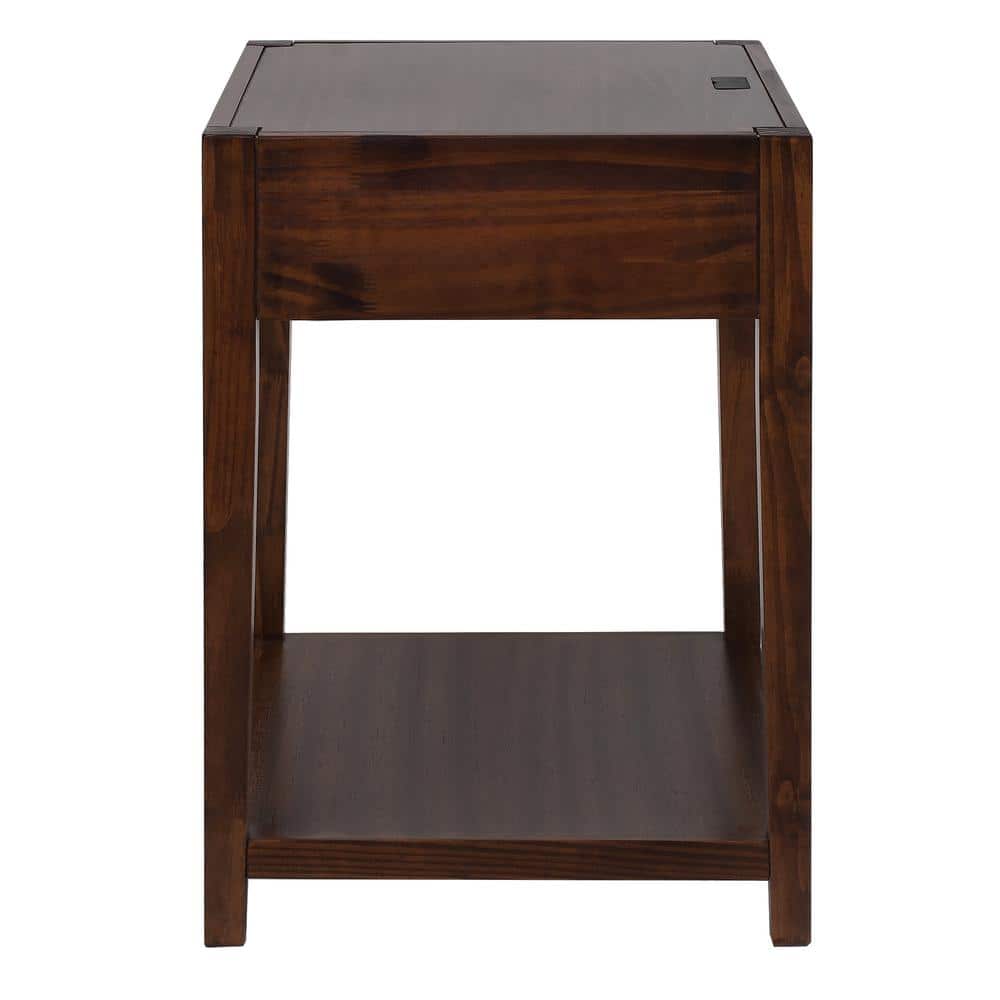 Warm Brown Solid Wood Nightstand with USB Ports