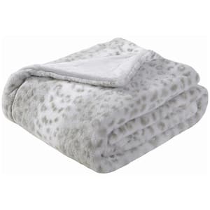Gray Printed Faux Rabbit Fur Throw, Lightweight Plush Cozy Soft Blanket Polyester Queen Size Blanket Set of 2