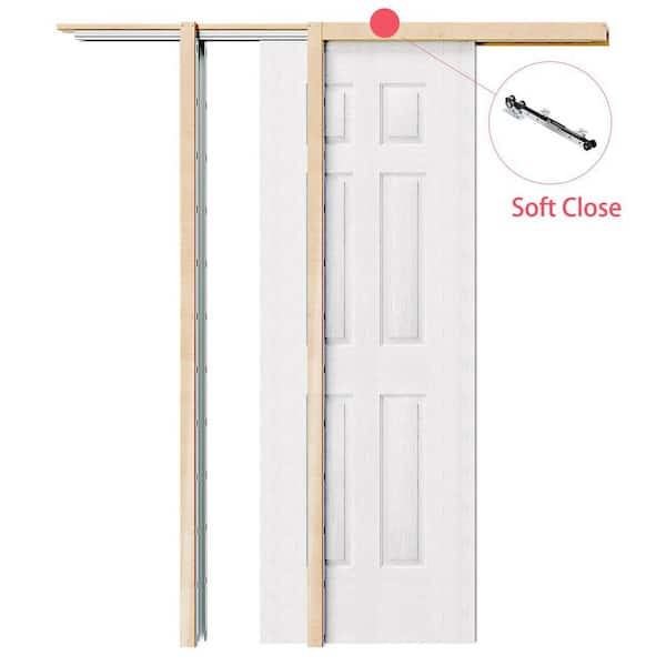 48 in. x 80 in. White Primed 6-Panel Wood Pocket Door with Soft Close, Frame and Full Accessories, Hollow Core