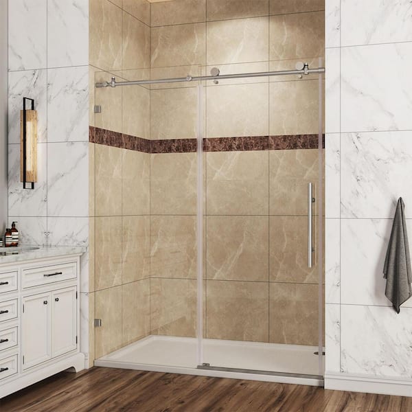 ANGELES HOME 60 in. W x 79 in. H Sliding Frameless Shower Door in Brushed Nickell Finish with 3/8 in.  Clear Glass