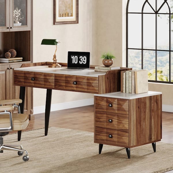 BYBLIGHT Zeylan 55 in. Rectangle Brown Wood 5-Drawer Computer Desk with Drawer Cabinet Printer Stand, Modern Study Table