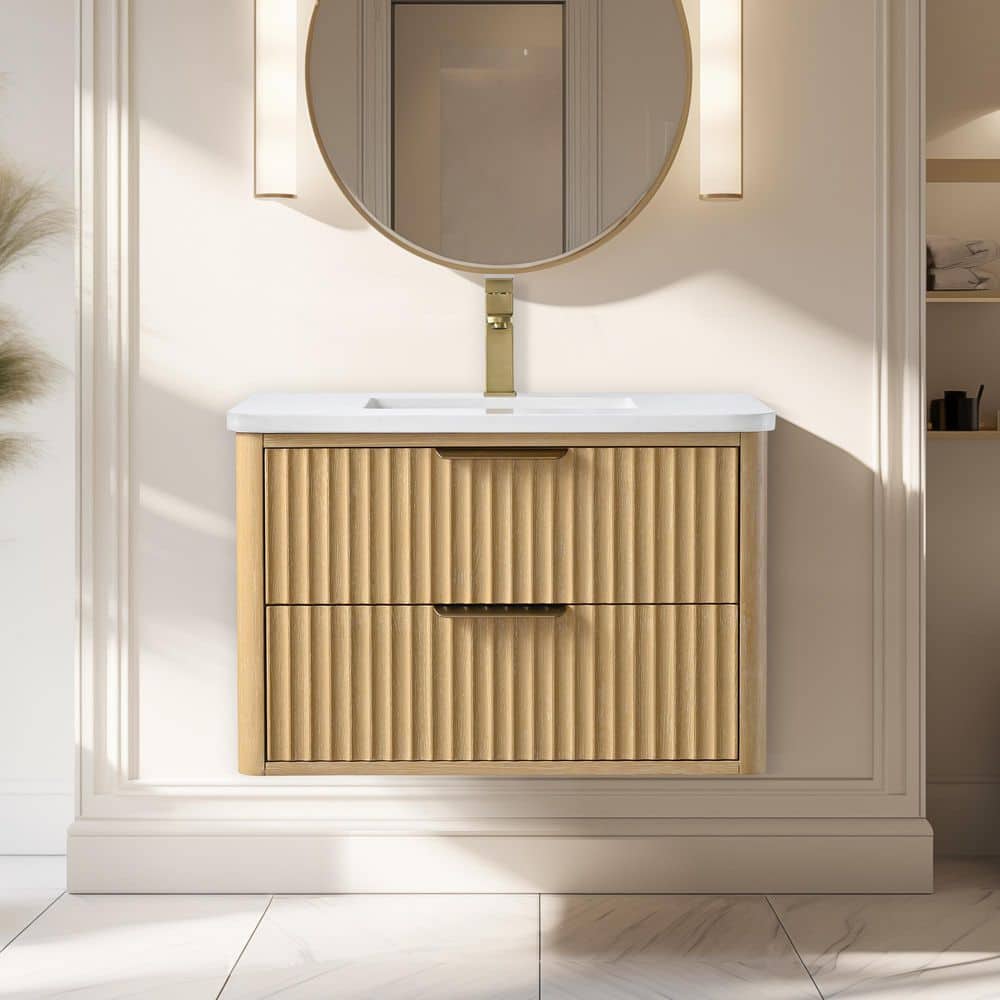 Keith 30 in. W x 20 in. D x 20 in. H Single Sink Wallmount Bath Vanity in Sunlit Oak with Carrara Engineered Stone Top price history on PriceWatchPro