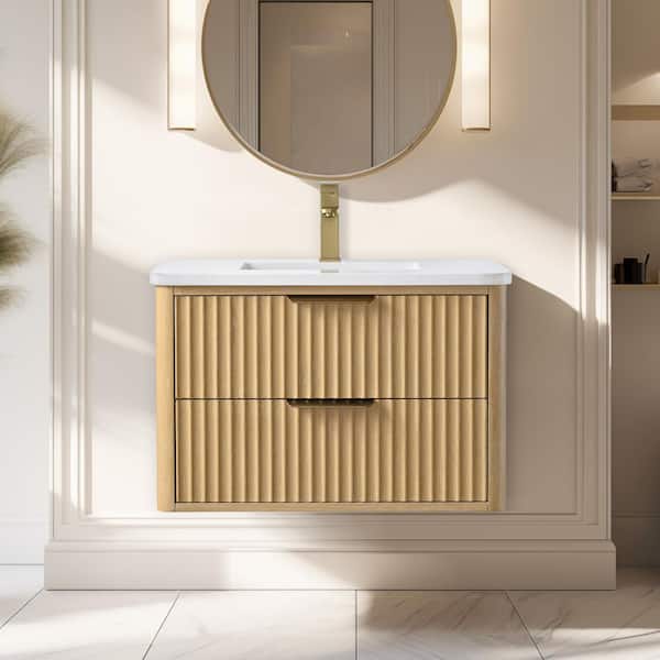 Keith 30 in. W x 20 in. D x 20 in. H Single Sink Wallmount Bath Vanity in Sunlit Oak with Carrara Engineered Stone Top