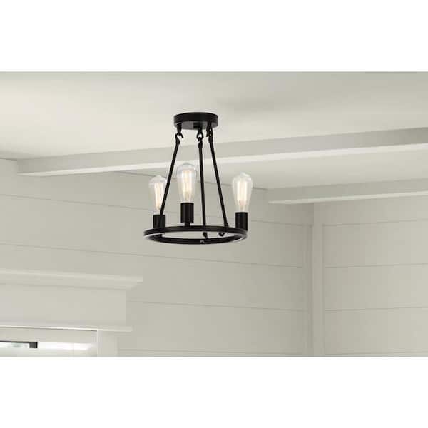 Hampton Bay Stratton 14 in. 3-Light Black Semi-Flush Mount