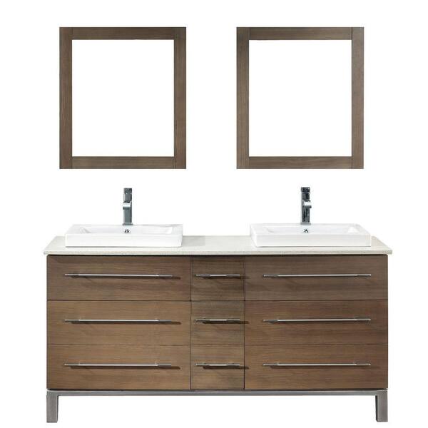 ART BATHE Ginza 63 in. Vanity in Smoked Ash with Nougat Quartz Vanity Top in Smoked Ash and Mirror