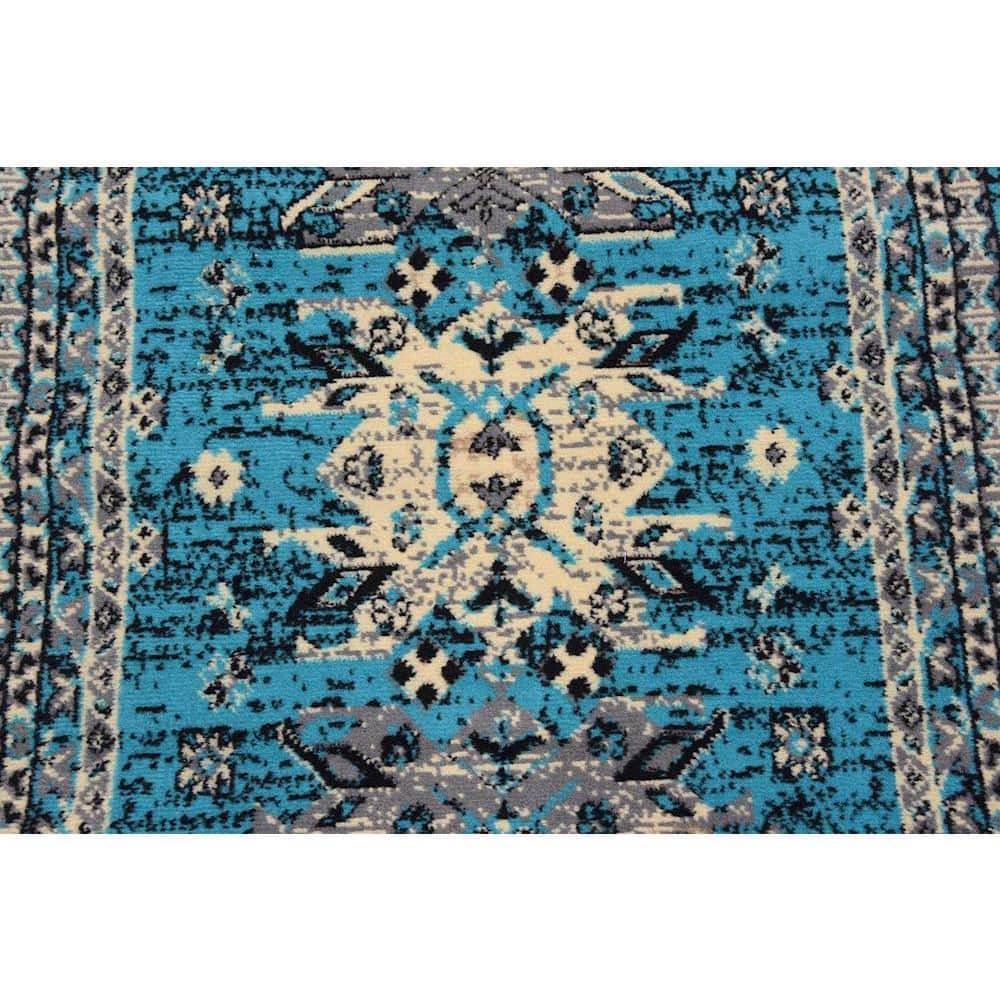 Turquoise and Black Synthetic Runner Rug with Tribal Design